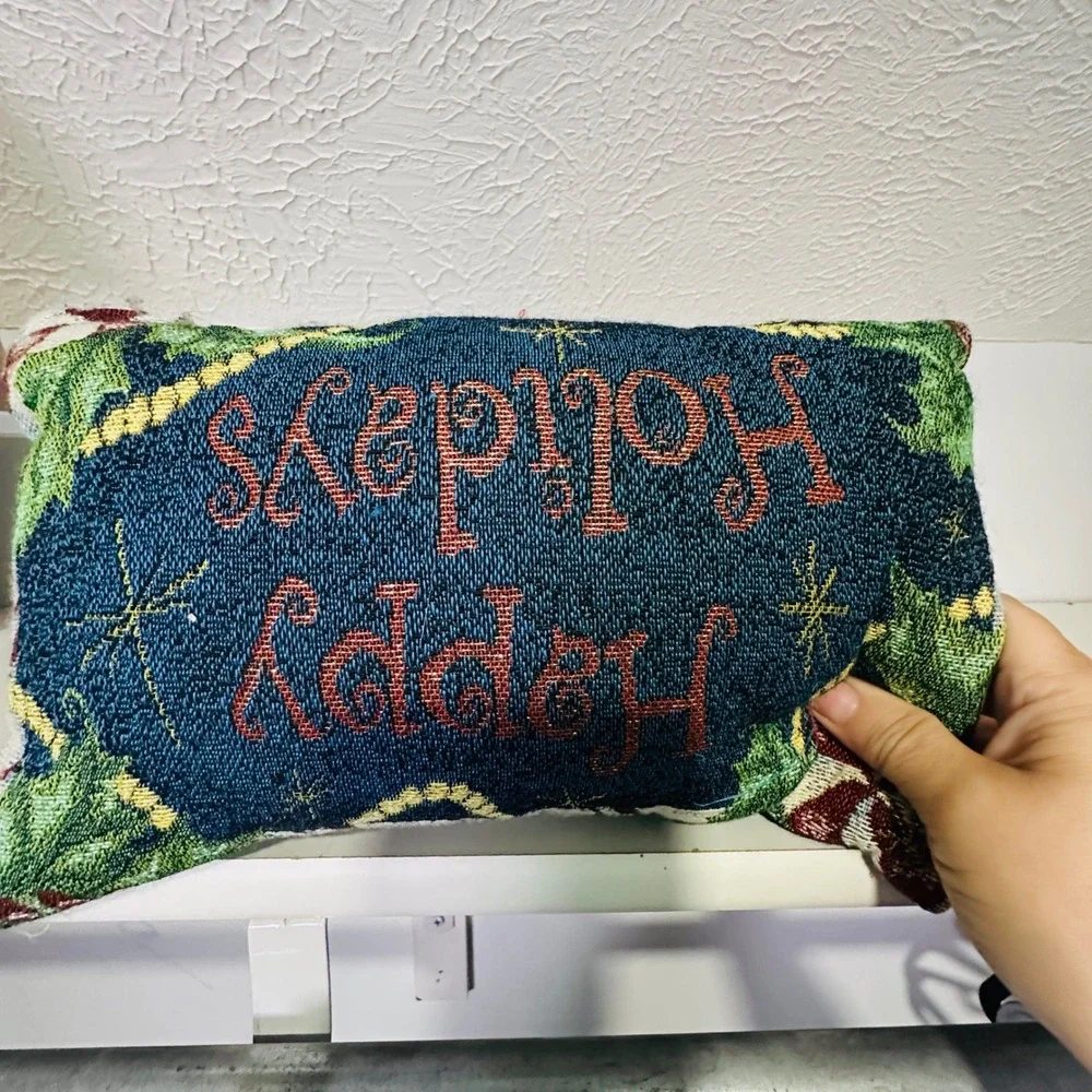 Vintage Happy Holidays Woven Tapestry Decorative Accent Pillow Green Blue Red